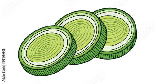 Illustration of three freshly cut leek slices, depicting their distinct concentric layers and pale green to white coloration, ideal for cooking and recipe designs.