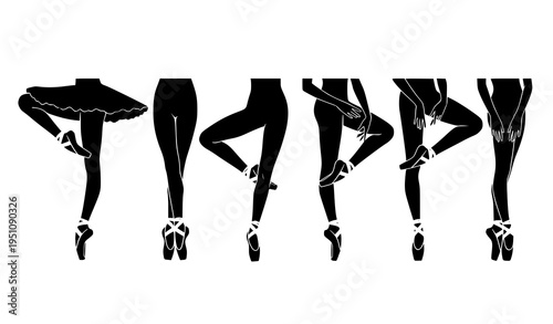 Ballerina legs silhouette in pointe positions elegant ballet poses minimal vector set