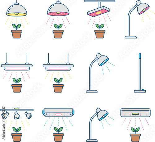 Schilderij op canvas Assortment of flat design icons for indoor plant grow lights and seedlings Keywo