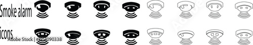 Testing smoke alarm icon set. Logo of testing smoke alarm,, alert icon with device outline. hand pressing test button. harmonious logo variations of the same emblematic, hand pressing test button.
