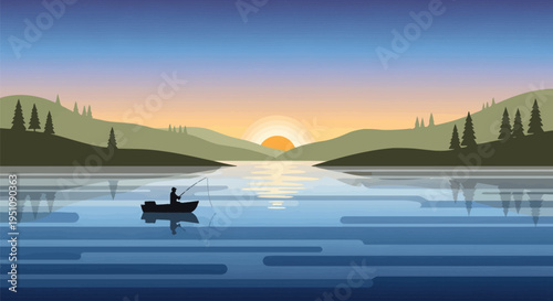 Sunset lake scene, serene landscape, peaceful water, boat silhouette