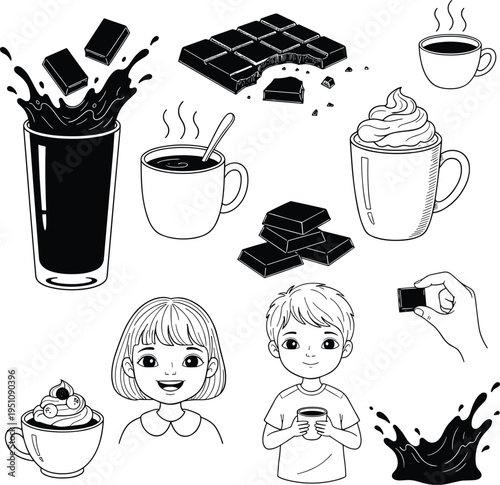 Black And White Chocolate Themed Illustrations With Kids And Drinks Keywords: chocolate, cocoa, hot chocolate, drink, beverage