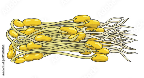 Pile of fresh soybean sprouts, with their distinct yellow beans and long white roots, perfect for depicting healthy Asian cuisine ingredients and nutritious plant-based foods.