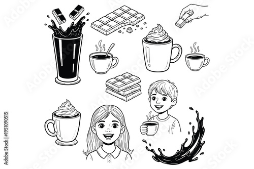 Black and white hand-drawn illustrations of chocolate and hot chocolate drinks Keywords: chocolate bar, chocolate splash, hot