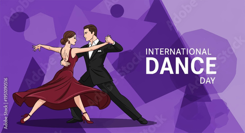 Couple dancing together on international dance day with elegant movements and purple background