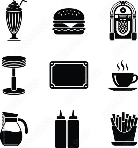 Black and white icons representing a classic American diner and its food and drinks Keywords: diner, retro, vintage, milkshake