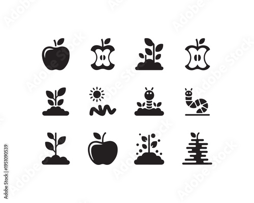 Black of apples seedlings sun and worms on white background apple core plant sprout