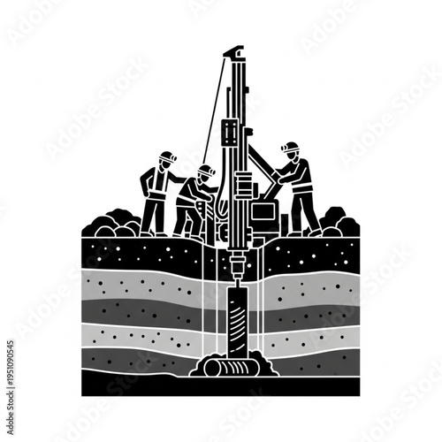 Drilling Rig Operation with Workers Extracting Soil Samples.