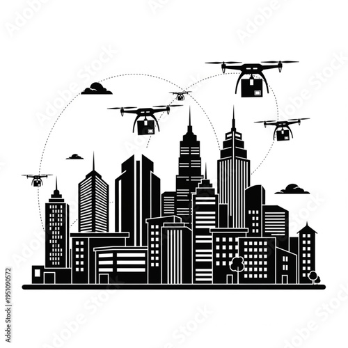Drone Delivery Network Over Urban Cityscape Silhouette.