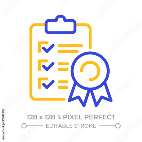 Regulatory standart pixel perfect two color line icon. Compliance checklist. Product certification bicolor outline symbol. Duotone linear pictogram. Isolated illustration. Editable stroke