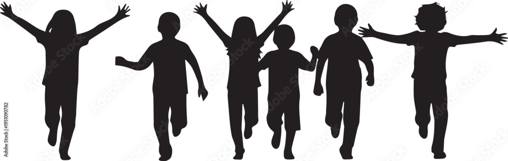 Fototapeta premium Group of happy children running and jumping with arms raised, silhouette vector illustration