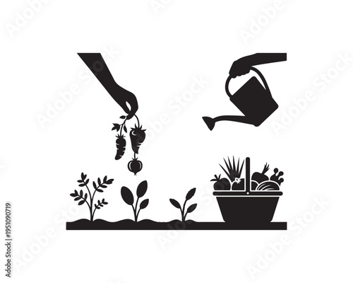 Black Silhouette of Gardening Scene Showing a Hand Harvesting Vegetables a Watering Can and Plants Growing in a Garden Bed with