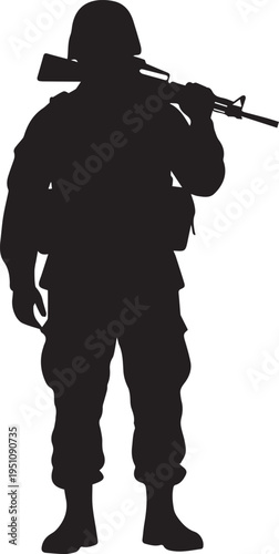 Army soldier vector silhouette illustration holding rifle on shoulder in standing position