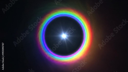 Bright star-like light surrounded by a vibrant rainbow ring on a dark background