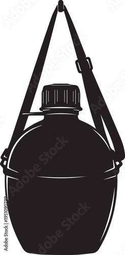 Military army canteen flask with shoulder strap, silhouette vector illustration