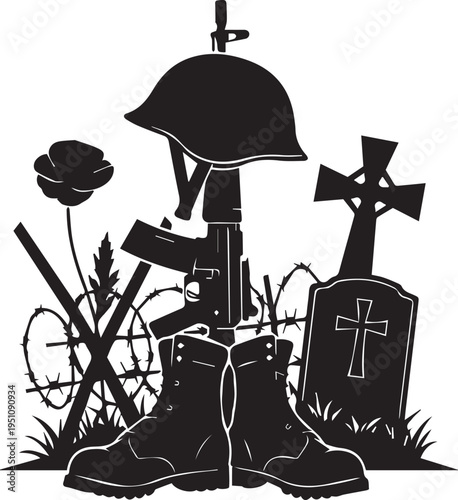 Soldier memorial silhouette vector illustration with helmet boots rifle and grave marker