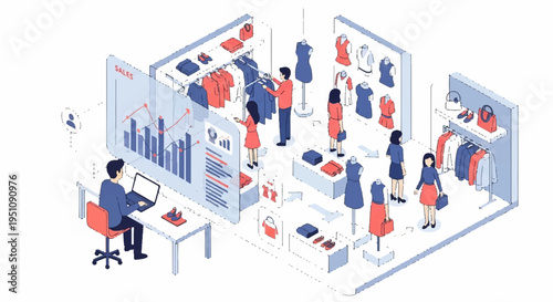 Business people analyze data and collaborate in modern office with infographics and charts on screens