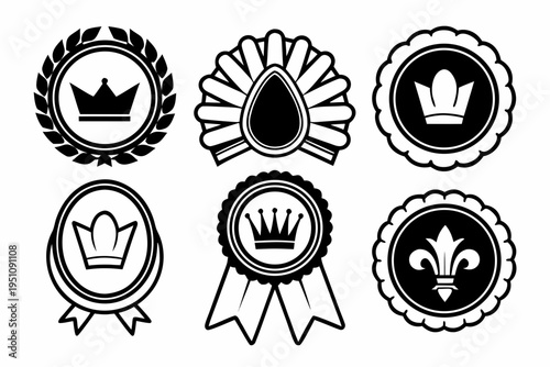 A diverse set of six monochrome vector badges and emblems, showcasing various crown designs, a laurel wreath, a fleur-de-lis, and decorative ribbons, ideal for prestige and recognition.
