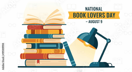 National book lovers day illustration with stack of books and lamp on desk