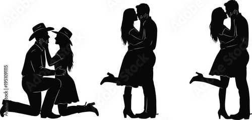 Romantic couple silhouettes kissing and embracing, love relationship moments with man and woman in different poses, black vector illustration isolated on white