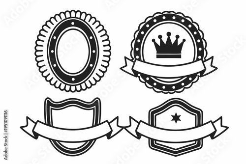 A collection of four classic black and white vector badges and labels, featuring elegant scroll ribbons, a regal crown, and decorative frames, suitable for certificates or branding.