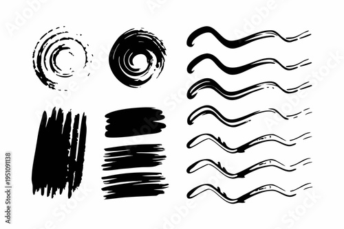 A comprehensive collection of various black hand-drawn brush strokes and decorative elements, including spiral swirls, textured blocks, and wavy lines, offering diverse artistic possibilities.