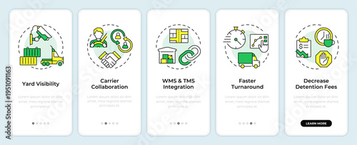Benefits of yard management systems onboarding mobile app screen. Walkthrough 5 steps editable graphic instructions with linear concepts. UI, UX, GUI. Montserrat SemiBold, Regular fonts used