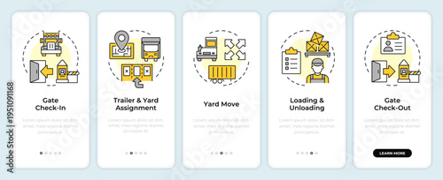 Yard management process flow onboarding mobile app screen. Logistics. Walkthrough 5 steps editable graphic instructions with linear concepts. UI, UX, GUI. Montserrat SemiBold, Regular fonts used