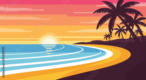 Vector tropical beach sunset background with palm trees
