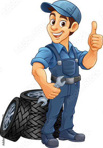 A tyre or tire cartoon car maintenance service mechanic mascot cartoon character man