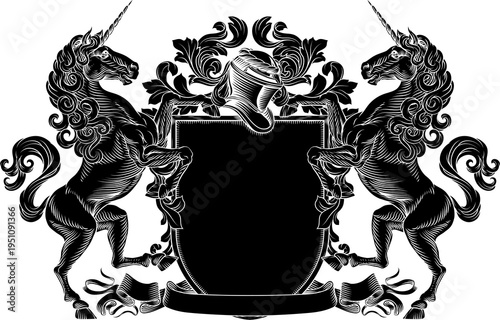 Unicorns coat of arms or crest family heraldry medieval heraldic knight shield with helmet and acanthus filigree scroll ornament in a vintage woodcut style.