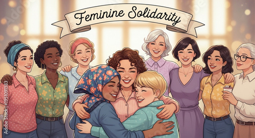 Diverse group of women embracing in celebration of feminine solidarity.