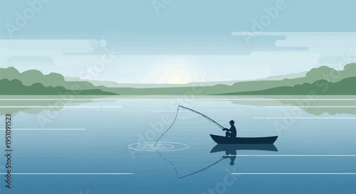 Vector illustration of a man fishing in a serene lake landscape