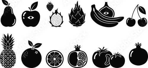 Fruit silhouette illustration collection with pear, apple, strawberry, dragon fruit, pineapple, citrus, pomegranate, tomato designs, agriculture artwork, decorative flat vector