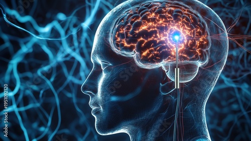 3D anatomical cutaway render of human head and brain showing deep brain stimulation electrode precisely inserted into subthalamic nucleus, thin platinum electrode rendered with perfect metallic sheen