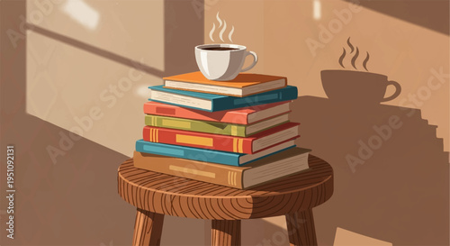 Cozy morning scene with a steaming cup of coffee on a stack of colorful books