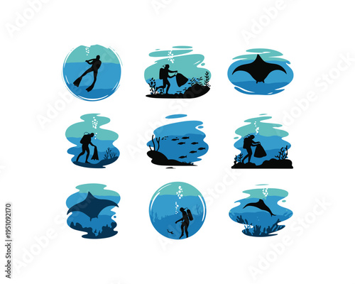 Nine ocean scenes with scuba divers manta rays and coral reefs underwater