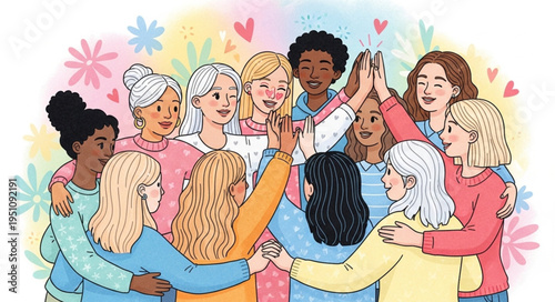Diverse group of women celebrating together with high fives.