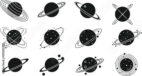 Stylized planet ring illustration collection with cosmic designs, astronomy artwork, celestial sphere graphics for science fiction, space exploration themes, decorative flat vector