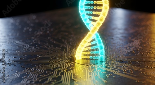 Glowing DNA double helix on circuit board with vibrant yellow and blue lights