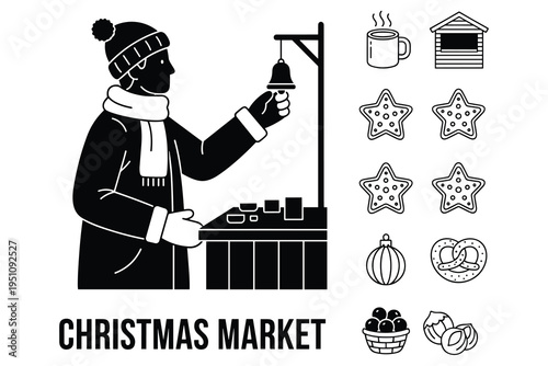 Man at a Christmas market stall ringing a bell with festive icons on white background Keywords: Christmas market, man, stall