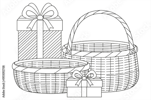 Outline Drawing Of Gift Boxes And Wicker Baskets Keywords: gift, box, present, ribbon, bow, basket, wicker, woven, container