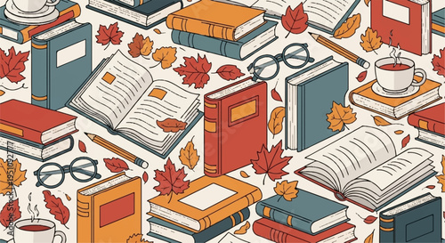 Autumn reading nook with books glasses and tea on a cozy background with fall leaves scattered around