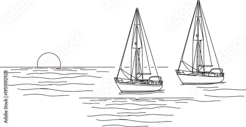 Sailboat line art vector illustration, ocean sunset scene with yachts, minimal outline drawing, nautical design, marine landscape sketch style artwork