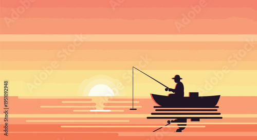 Vector silhouette of a man fishing in a boat at sunset
