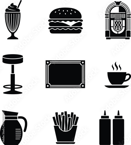 Retro diner icons including milkshake, burger, jukebox, stool, sign, coffee, pitcher, fries, and sauces on white background