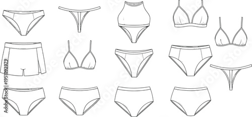 Underwear vector sketch set, lingerie and briefs collection, fashion line drawing, flat design clothing templates, minimal outline apparel illustration