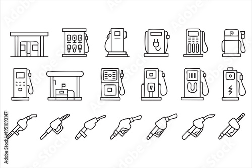 Fuel Pump And EV Charging Station Outline Icons For Energy Infrastructure