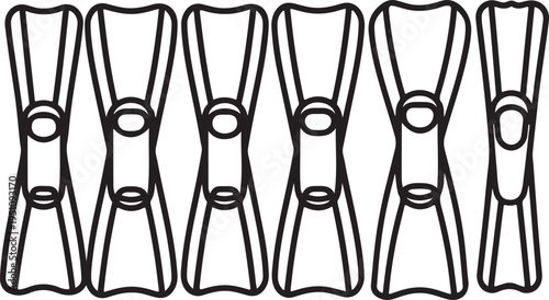 A row of six clothespins lined up in a straight row against a white background. Vector