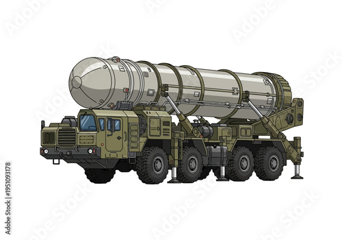 Military missile launcher vehicle with a large projectile on a transporter truck